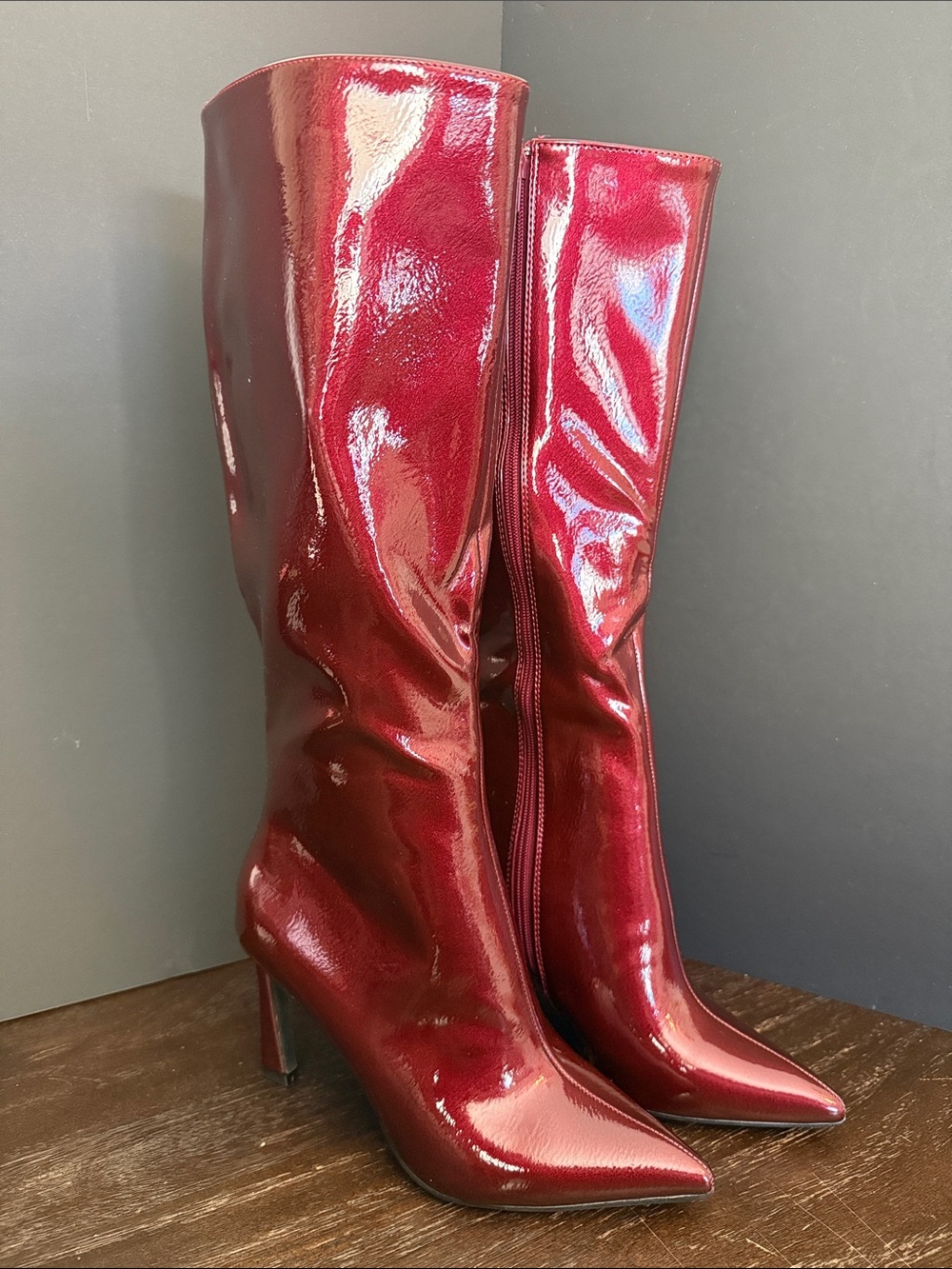 NEW IN BOX Fashion Nova Women’s Patent Knee-High Boots in Deep Red